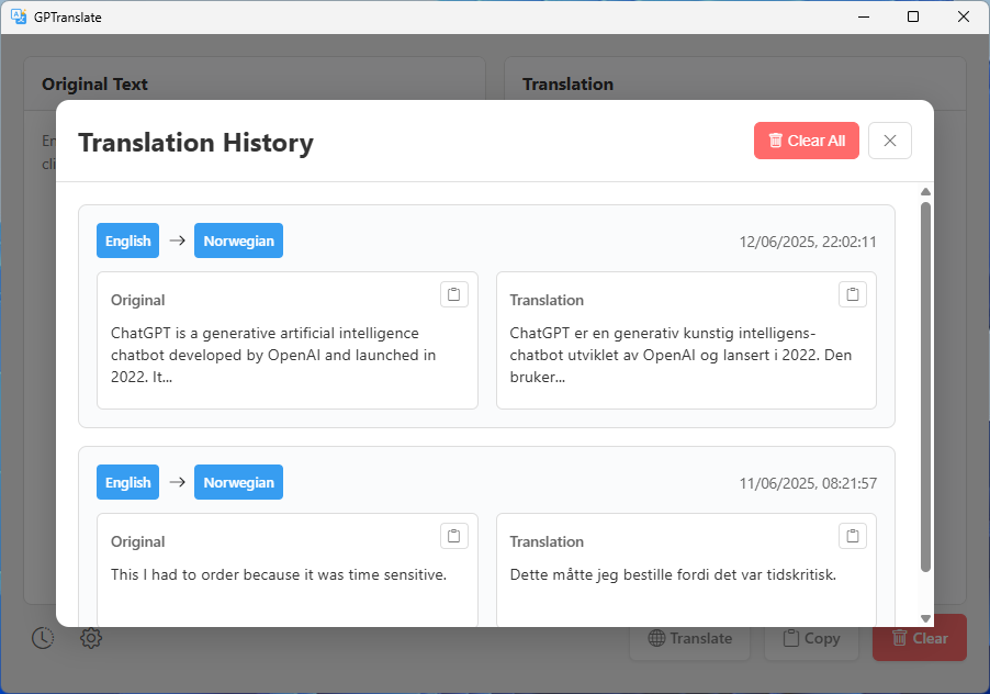 GPTranslate History